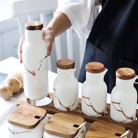VollfitYYu Marmor Optik Keramik Ölspender 2er Set Ölflasche Essigspender 380ml Olivenöl Behälter Öl Essig Spender für Küche Restaurant BBQ (Weiß)
