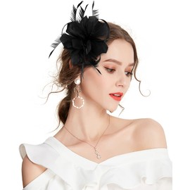 Z&X Women Feather Flower Fascinator Hat with Hair Clip Brooch for Cocktail Wedding, B-black, One Size