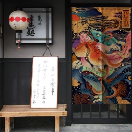 SPANKER SPACE Japanese Noren Ukiyoe Kraken Octopus Koi Fabric Asian Drape Split Doorway Curtain, Hallway Closet Panel Privacy Partition Room Divider Kitchen Door Décor, 34"x60"