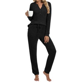 ANRABESS Womens Lounge Set 2025 Fall 2 Piece Outfit Long Sleeve Pajamas Sets Henley Top & Pants Loungewear Clothing Black X-Large