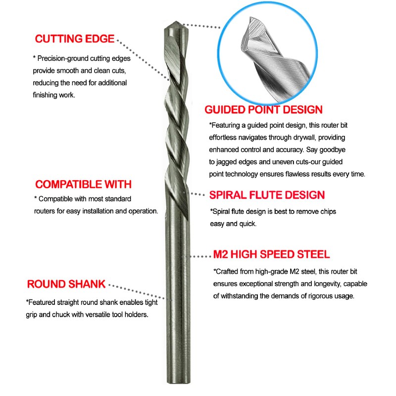 Drywall Cut Out Bit 1/4 Inch Guidepoint Rotary Router Tool
