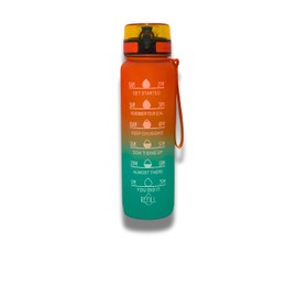 Sports Water Bottle 1L / 32OZ, BPA-Free, Motivational with Time Markings Leakproof Drinking Bottle for Running, Gym, Cycling, School, and Outdoor Activities (Orange - Blue)