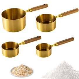 Ksvaye Set of 4 Measuring Cups Made of Stainless Steel 60 + 80 + 125 + 250 ml Serving Spoon with Wooden Handle, Metric and US Dimensions for Cooking, Baking, Drinks (Gold)