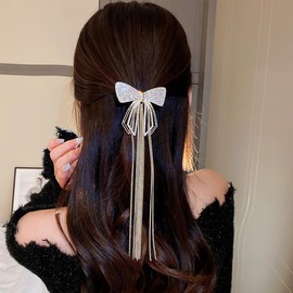 Jumwrit Glitter Rhinestone Hair Bow Clip Long Chain Tassel Hair Barrette Boho Metal Hollow Bowknot Hairpin Strong Hold Ponytail Holder Clip Accessories for Women Girls(Gold)