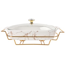 jinsongdafa Ceramic Casserole Dish with Glass Lid and rack, 30 oz Serving Soup Tureen,Chafing Dish for Buffet, Family Food preserve Tray, Catering Casserole for Party Style,White 11.6 Inch