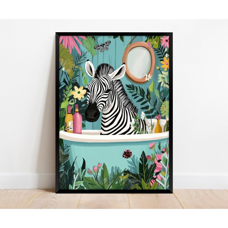 Tropical Zebra Bathroom Wall Art, Whimsical Botanical Print, Fun Animal