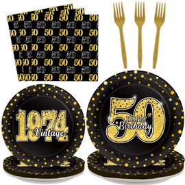 96 Pcs Vintage 50th Birthday Party Decorations Vintage 1974 Birthday Party Tableware for Men Woman Cheers to 50 Years Party Dessert Plates Napkins Forks for 24 Guests Back in 1974 Party Favors