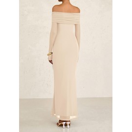 PRETTYGARDEN Long Sleeve Formal Dress for Women Summer 2025 Mesh Off The Shoulder Baby Shower Wedding Guest Dresses(Apricot,Small)