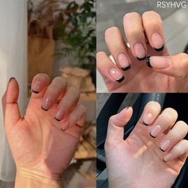 24PCS False Nails- Black French Short False Nails Pattern false nails stick on nails for women impress nails press on - Fashion Nude Fake Nails Short with Nail Glue - stick on nails short - Artifi