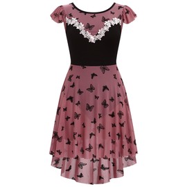 Women Butterfly Floral Chiffon Ballet Dance Dress Cap Sleeve Open Back Lyrical Dance Costume Ballerina Gymnastics Leotard High-Low Skirt Teen Girl Rehearsal Dancewear Rose Pink XS