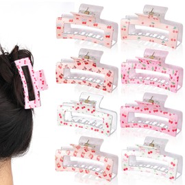Yuxung 8 Pcs Bow Cherry Hair Claw Clips for Women Cute Pink Bow Preppy Trendy Rectangle Banana Hair Clips Nonslip Thin Thick Long Curly Accessories Birthday Coquette Bachelorette Wedding Gift (Cherry)