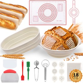 Aliggbent Silicone Banneton Bread Proofing Baskets, 10'' Oval ＆ 9'' Round Foldable Sourdough Bread Baking Supplies 18Pcs Sourdough Starter Kit Easy-to-Clean Proofing Baskets for Sourdough Bread Baking