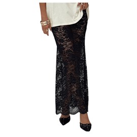 MakeMeChic Women's Floral Lace Sheer Maxi Skirt Bodycon Party Long Skirts Black Large