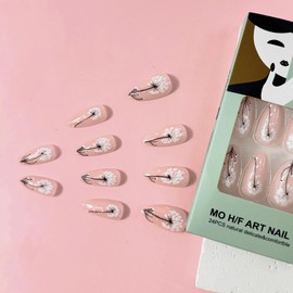 Press on Nails Medium Short Almond French Tip Fake Nails with Pink White Dandelion Design Full Cover Glossy Acrylic Glue on Nails False Nails Thick Stick on Nails for Women 24Pcs DK-25028
