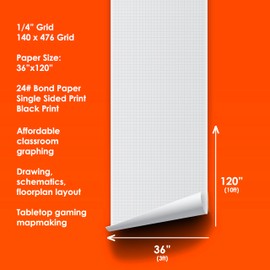 Geyer Instructional Products - 36" x 120" Large Graph Paper Roll, 1/4" Black Grid, Ideal for School Classroom Graphing, Designing Blueprints and Floorplans, Tabletop Gaming and Custom Mapping