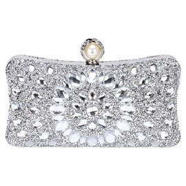 sourcing map Evening Bags for Women, Sparkly Crystal Rhinestone Clutch Purse with Chain Strap Shoulder Bag for Wedding Party Evening Weekend, Silver