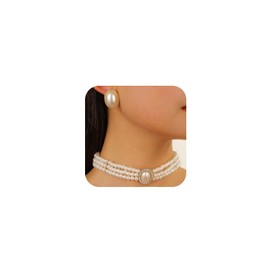 Dainty Layered White Beaded Pearls Choker Necklaces Stylish Big Oval Pearl Stud Earring for Women Charming Necklace Earrings Prom Party Jewelry Set Gift (White)