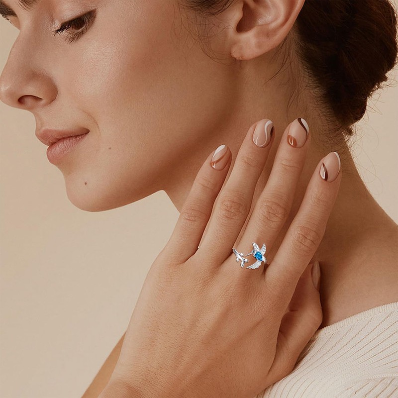 Hummingbird Leaf Ring for Women December Birthstone Zircon Blue Ring