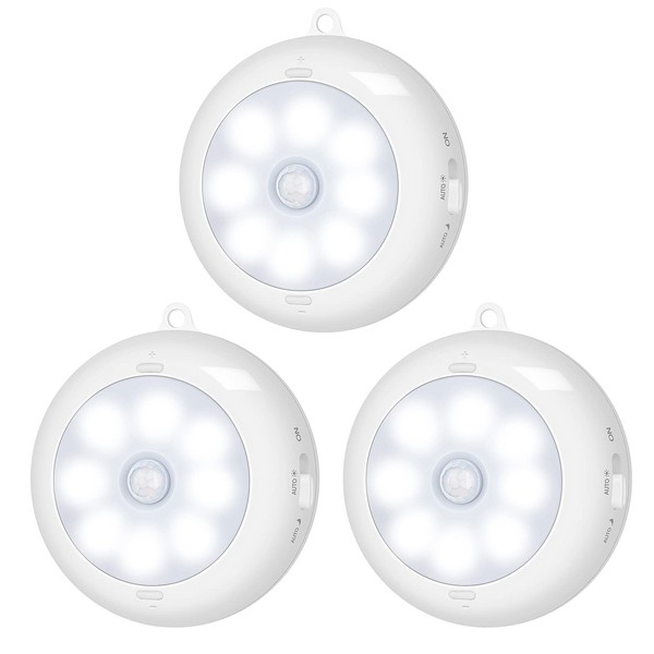 BLS Motion Sensor Light Indoor, LED Night Light Closet Lights, Under Cabinet Battery Powered Ceiling Lights, AA Battery Operated Stick on Wireless Puck Lights for Wall, Step, Stair, Dimmable (3 Pack)