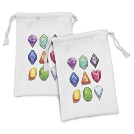 Lunarable Diamonds Fabric Pouch Set of 2, Cartoon Style Graphic Gemstone Shapes with a Vivid Display in Colorful Design, Small Drawstring Bag for Toiletries Masks and Favors, 9" x 6", Multicolor