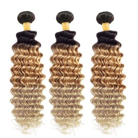 HeioWuio 1B/27/613 Hair Bundle 3 Bundles Deep Wave Ombre Three Tone Brazilian Remy Human Hair Bundle Honey Blonde and Brown Bundle Three Tone Hair Weave Deep Wave Bundles 18 20 22 Inch