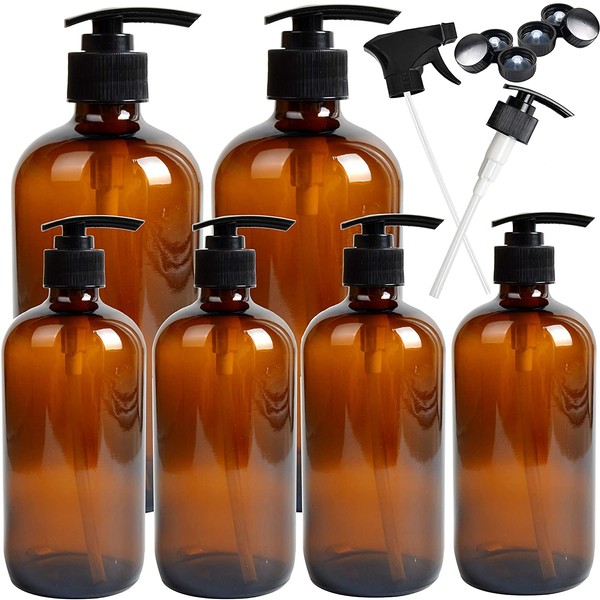 Youngever 6 Pack Empty Amber Glass Pump Bottles, 2 Pack 16 Ounce and 4 Pack 8 Ounce Pump Bottles, Soap Dispenser, Refillable Containers for Essential Oils, Cleaning Products, Lotions, Aromatherapy