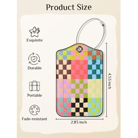 Seorsok 2Pcs Luggage Travel Tags for Suitcases,Cute Color Grids Checkered PU Leather Name Tag with Privacy Cover&ID Label Address Card and Durable Metal Ring Suitable for Men Women Handbags Backpack
