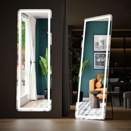 Homee Full Length Mirror, 64"x 21" LED Lights Floor Mirror, Full Body Dressing Standing Mirror w/Dimming & 3 Color Lighting - Aluminum Alloy Thin Frame Wall Mirror, Hanging Mounted Mirror