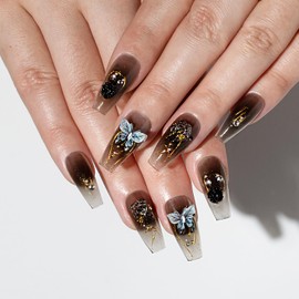 TENPAL Coffin Press on Nails Medium Gradient Dark Acrylic False Nails With 3D Butterfly Flower 10ps/Box Handmade Fake Nails With Glue Y2k Sweet Cool Girls Artificial Nails For Women Girls(L)