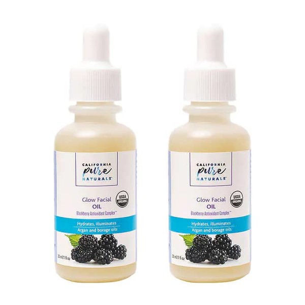CPN California Pure Naturals Glow Facial Oil - USDA Organic - Brightening Moisturizer - Hydrates with Vegan Jojoba, Argan, Borage, Primrose, and Antioxidants for Sensitive Skin, 2 Pack