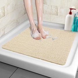 Non-Slip Shower Mat, Soft Comfort Safety Bath Mat with Drainage Holes, PVC Loofah Massage Shower Mats for Wet Areas, Quick Drying (Beige, 60 x 60 cm)