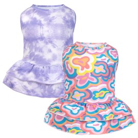 cyeollo 2 Pack Tie Dye Dog Dress Puppy Dress Soft Breathable Dog Clothes for Small Dogs Girl Outfit Pet Apparel, Tie Dye+Flower, S