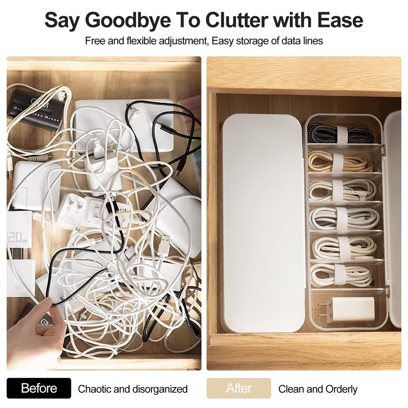 FRETONBA Cable Storage Box, Transparent Cable Organiser Box with 7
