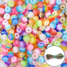 TOAOB 400pcs 8mm Colorful Acrylic Round Stripe Beads and 30m Rainbow Colour Elastic Cord for Jewelry Making DIY Crafts