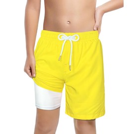 LUCOWEE Boys Swimming Trunks with Compression Liner Anti-Chafe Swim Shorts Bathing Suit Swimsuit Stretchy Real Drawstring Sandless Light Weight Quick Dry UPF 50+ Bright Yellow Lakewear Size 7-8