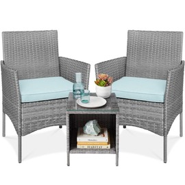Best Choice Products 3-Piece Outdoor Wicker Conversation Bistro Set, Space Saving Patio Furniture for Garden w/Side Table - Gray/Pastel Blue