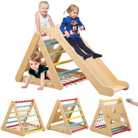 2 in 1 Wooden Climbing Toys, Kids Indoor Gym Playset,3-Sided Wooden Triangle Climber with Climbing Net,Sliding Ramp, Sandbags & Board for Toddlers Boys Girls Gym Playset Gift,Home & Daycare Rainbow