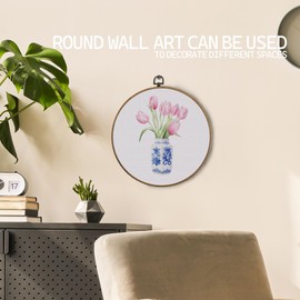 KTYHD Chinoiserie Tulip Floral Round Wall Art, Blue and White Chinoiserie Vase Tulip Flowers Canvas Wall Art, Grand Millenial Floral Wall Decor for Home Bedroom Living Room