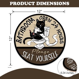Bolisom Bathroom Open 24 Hours Front Door Sign, Funny Black Cat Please Seat Yourself Wood Hanger Toilet Restroom Porch Decor, Wooden Wreath Indoor Wall Hanging Home Washroom Decoration