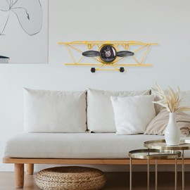 Retro Style New Simple Airplane Clock Wall Hanging Wrought Iron Head Hanging Clock Watch Creative Hanging Ornament Wall Decoration (Yellow)