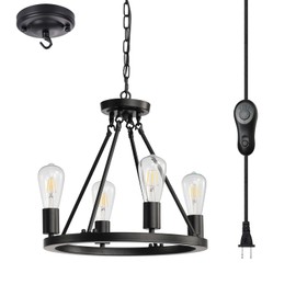 4-Light Plug in Chandelier with Dimming and Timer Switch,Black Wagon Wheel Round Metal Chandelier,Hanging Light with 16.5ft Cord,Modern Industrial outdoor light fixture for gazebo,Bedroom,Dining Room