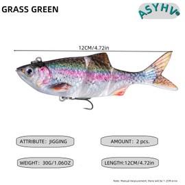 ASYHV Three-piece Biomimetic Fish Bait, Full Water Series, BKK Triple Hook and Sinking Design Suitable for Bass, Trout, Freshwater and Saltwater Lures (Grass Green)