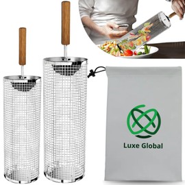 luxe global Grill baskets (2PCS),Removable Wooden Handle,Cool Dad Men Birthday Gifts, Grilling Rolling, BBQ Accessories,Tools Outdoor Smoker Cooking,Camping,Vegetable Shrimp.