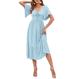 AUSELILY Women's 2025 New Summer Empire Waist Dress Drawstring Pleating Flutter Short Sleeve V Neck Midi Dresses Sky Blue L