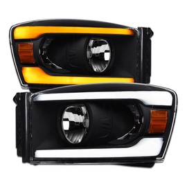 TLAPS 7422447881807 Compatible With 2006-2008 Dodge Ram 1500/2006-2009 2500 3500 Switchback Sequential LED Strip Bar Black Housing Headlights With Amber Reflector