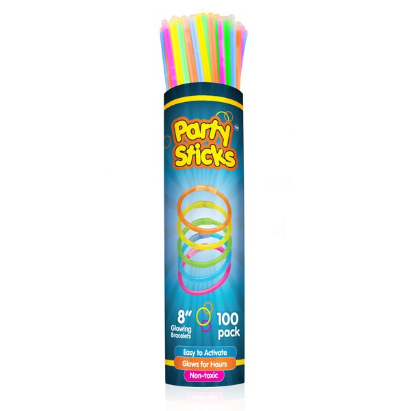 PartySticks Glow Sticks Party Supplies 100pk - 8 Inch Bulk Glow Light Up Sticks Party Favors, Glow in the Dark Party Decorations, Neon Party Glow Necklaces and Glow Bracelets with Connectors