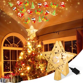 iLitLuk Star Christmas Tree Topper Lighted with Built-in Rotating LED Projector Glitter Star Ornament Hollow Pentagram Treetop Projection Tree-topping for Christmas Decor New Year Party