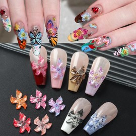 3D Flower Nail Charms for Nail Art -Spring Hibiscus Flower Nail Charms with Rhinestones,Summer Floral Nail Jewelry Acrylic Nail Art Supplies for Women Colorful Ice Lily Nail Design Manicure DIY Crafts