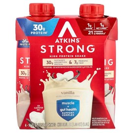 Atkins Strong High Protein Shake, Vanilla, 30g Protein, 7g Prebiotic Fiber, Muscle & Gut Health Support Complex, 4 Count