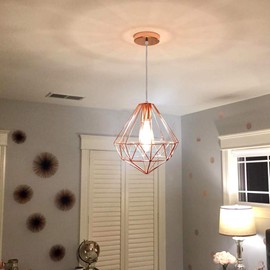 iDEGU Modern Pendant Light, Industrial Ceiling Light Lamp, Metal Cage Shape Ceiling Lamp Shade Lighting Decoration for Bedroom, Living Room, Dining Room, Rose Gold (Diamond 25 cm)